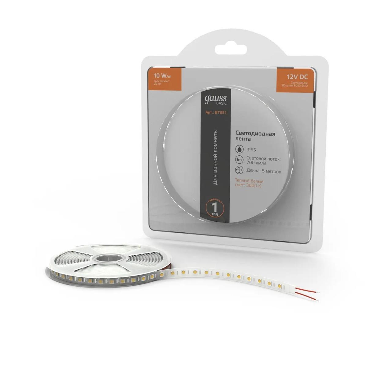 фото лента gauss 10w/m 60led/m 5050smd теплый белый 5m bt051 | 220svet.ru