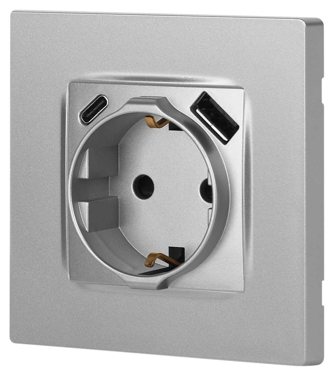 фото розетка эра серия 12 12-4108-03 2p+e 16a-250в со шторками с usb type-a+c 5в-3а алюминий б0067716 | 220svet.ru