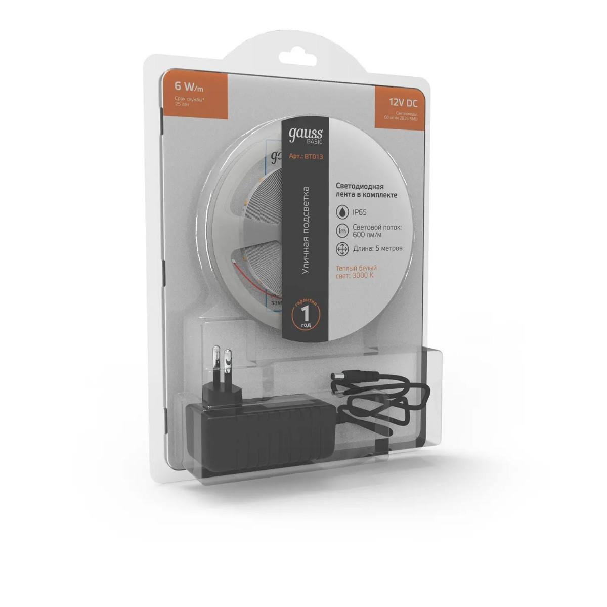 фото лента gauss 6w/m 60led/m 2835smd теплый белый 5m bt013 | 220svet.ru