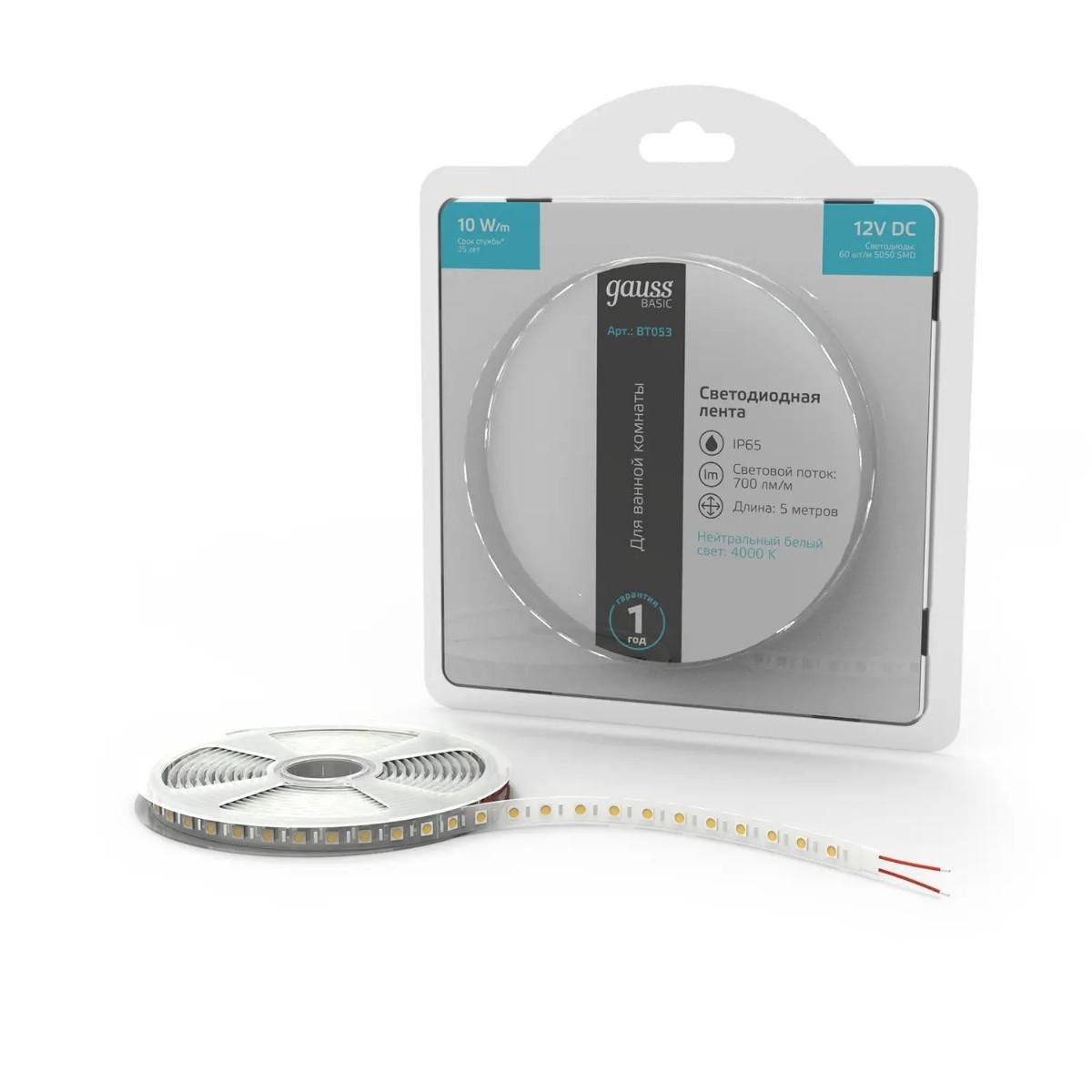 фото лента gauss 10w/m 60led/m 5050smd нейтральный белый 5m bt053 | 220svet.ru