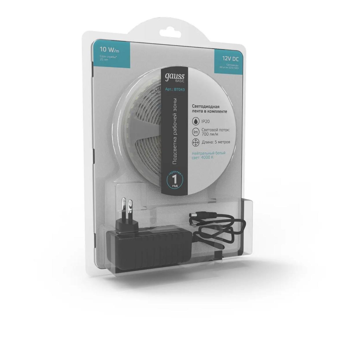 фото лента gauss 10w/m 60led/m 5050smd нейтральный белый 5m bt043 | 220svet.ru