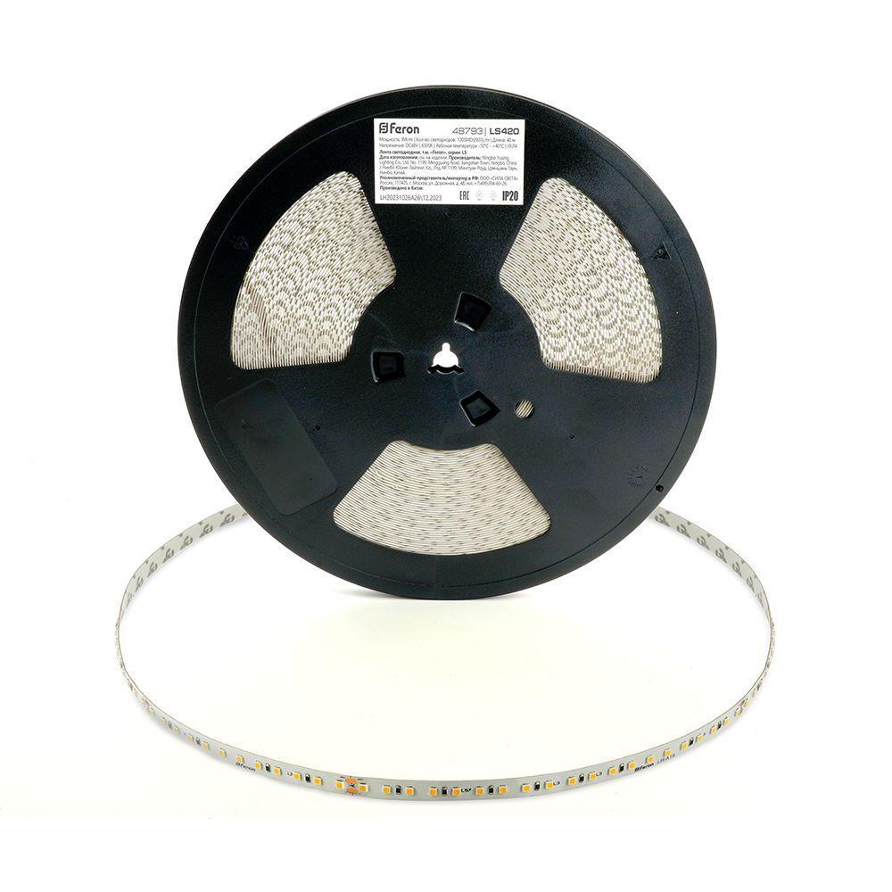 фото светодиодная лента feron 8w/m 120led/m 2835smd холодный белый 40m ls420 48793 | 220svet.ru