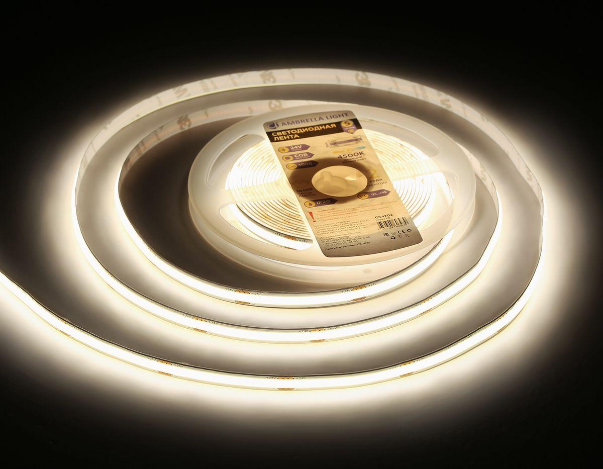 фото светодиодная лента дневной белый ambrella light 12w/m 480led/m cob 3000к 5m gs4702 | 220svet.ru