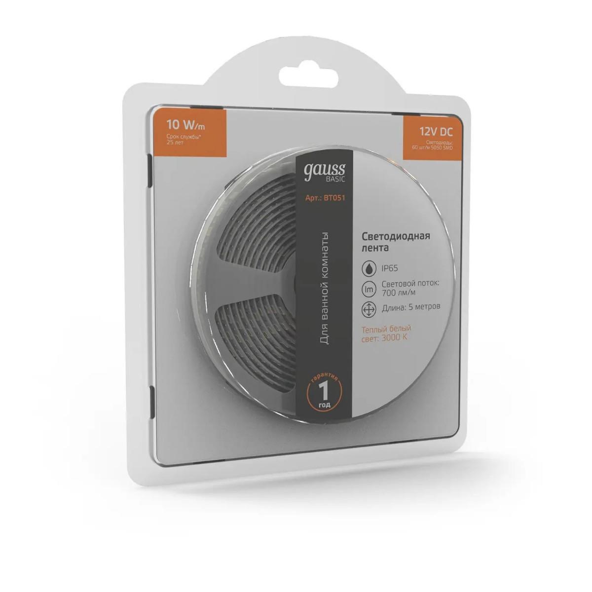 фото лента gauss 10w/m 60led/m 5050smd теплый белый 5m bt051 | 220svet.ru