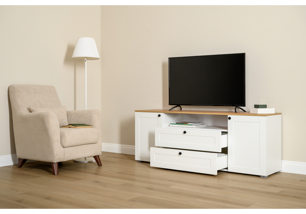 фото тв-тумба woodville опра белый шагрень / дуб золотой craft 676802 | 220svet.ru